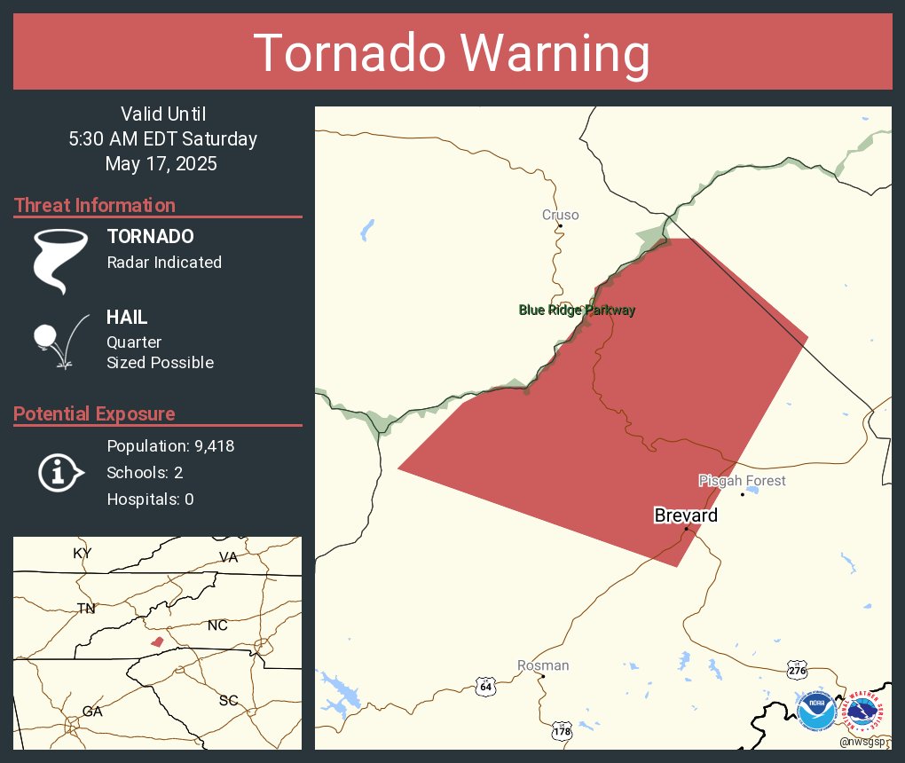 Tornado Warning continues for Brevard NC until 5:30 AM EDT