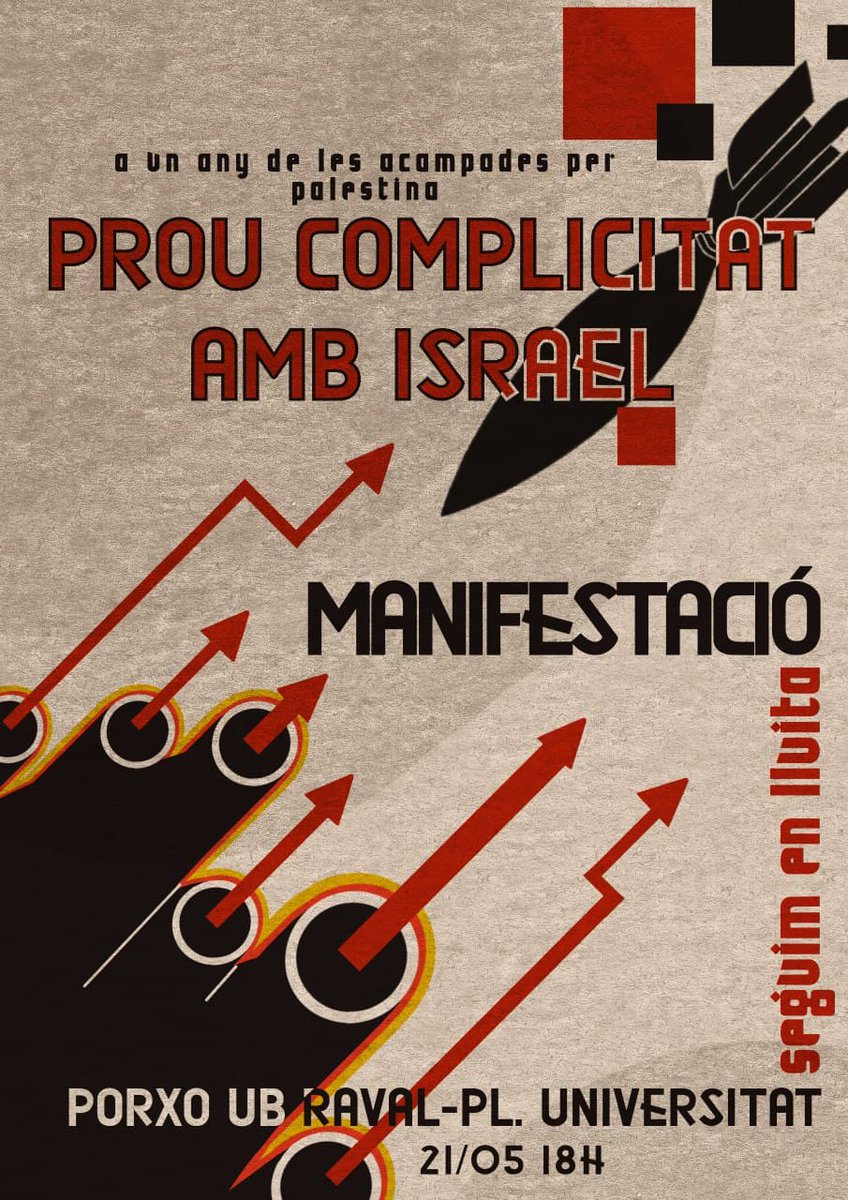 Palestina_cat's tweet photo. 🇵🇸⛺ Tornen les mobilitzacions a les universitats catalanes per exigir el trencament de relacions amb les institucions israelianes i les empreses que es lucren del genocidi contra el poble palestí! #BDS

✊🏽 Manifestació dimecres 21 de maig 18h porxo UB Raval https://t.co/aZ9SIb2srE