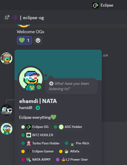 Hamidhazr1's tweet photo. G(ES)VM eCommunity💚

Yesterday, I got the OG role in Eclipse!
Daily art grind, late night sessions , every second was worth it. There’s no better feeling than seeing hard work pay off.
Big thanks to Eclipse and the team for the journey and for letting us shine🙏
And this is just the beginning; I'll keep going✌️

We believe in Eclipse💚
Eclipse everything💚
@EclipseFND @Alucard_eth @goatnataaaaa 💚🫡
#Eclipse $ES