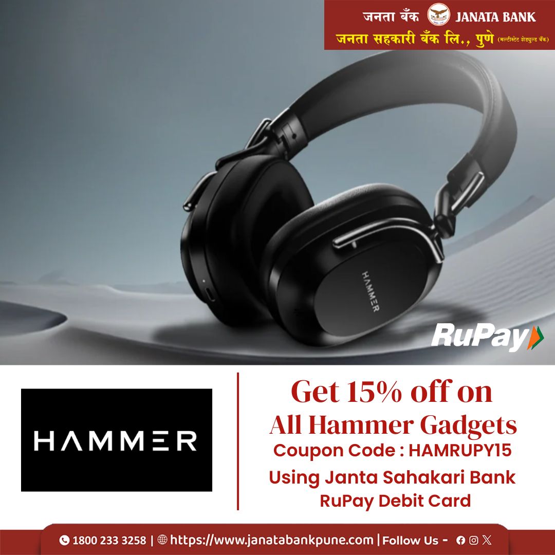 JSBpune's tweet image. Power Up Your Sound!
Enjoy 15% OFF on all HAMMER gadgets using your Janta Sahakari Bank RuPay Debit Card!
Use code HAMRUPY15

Visit: rupay.co.in/rupay-offers/o…

#HammerGadgets #JanataBank #RuPayOffers #jsb #JSBPune #janatasahakaribank