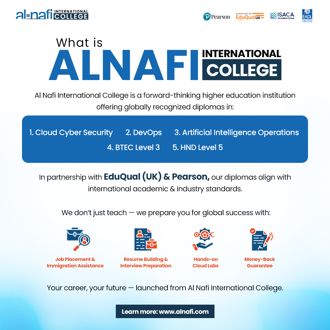 AlNafi99's tweet photo. 🌍 Launch your global tech career with Al Nafi International College!

🎓 Diplomas in Cyber Security, DevOps, AI &amp; more — accredited by EduQual (UK) &amp; Pearson.

💼 Job support | 🧪 Cloud labs | ✅ Money-back guarantee

🔗 https://t.co/jopq0dsNre https://t.co/MTUUjvWP2s