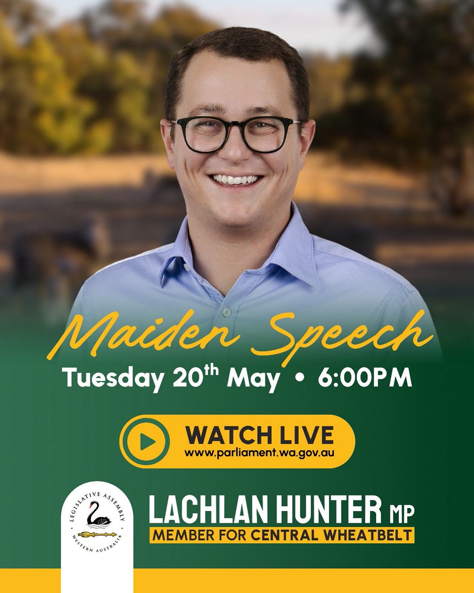 🥇📣 MAIDEN SPEECH 📣🥇

Join me live this Tuesday at 6:00 pm as I deliver my maiden speech to the Legislative Assembly in the 42nd Parliament of Western Australia.

It’s a great honour to share my story—and the hopes and aspirations of the people of Central Wheatbelt and Western