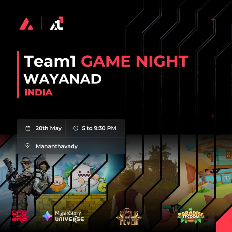 GM! We're hosting Team1 Game Night in Wayanad on 20th May 🎮 by <a href="/avax/">Avalanche🔺</a>team1
Come experience how @avax is revolutionizing gaming with the latest Web3 titles like <a href="/MaplestoryU/">MapleStory Universe</a>, <a href="/GoldFeverGame/">Gold Fever (Play Now!)</a>, and <a href="/ParadiseTycoon/">Paradise Tycoon 🌴</a> — all powered by <a href="/GamingOnAvax/">Avalanche Gaming 🔺</a>.

🎯 Join tournaments for a shot at