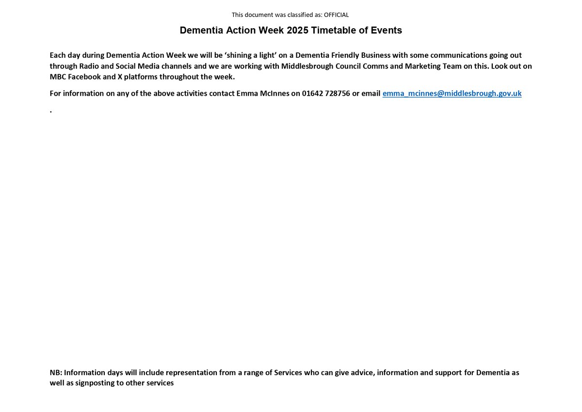 Dementia Action Week Timetable

Middlesbrough Council have some activities booked for next weeks Dementia Action Week.