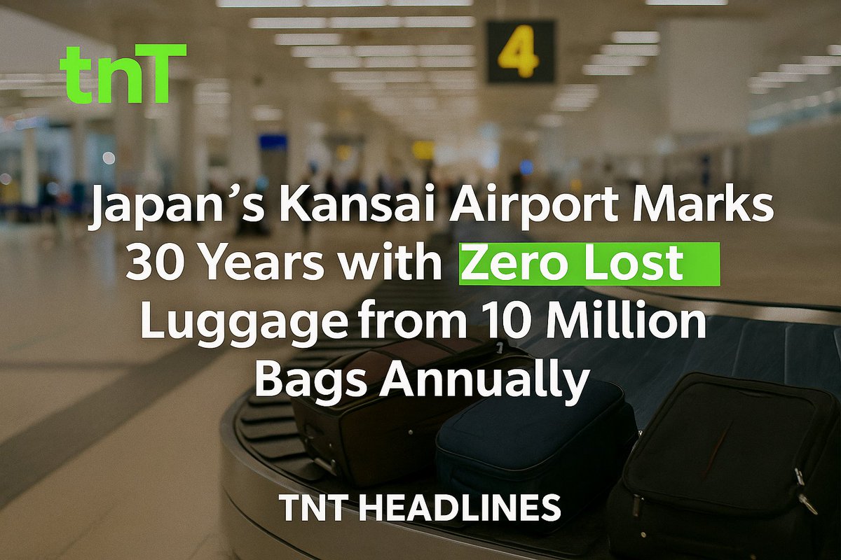 tnt_headlines's tweet photo. Japan’s Kansai Airport Marks 30 Years with Zero Lost Luggage from 10 Million Bags Annually

#KansaiAirport
#JapanNews
#TravelSuccess
#LostLuggage
#AviationExcellence
#AirportMilestone
#BreakingNews https://t.co/pX5k0UkzCM
