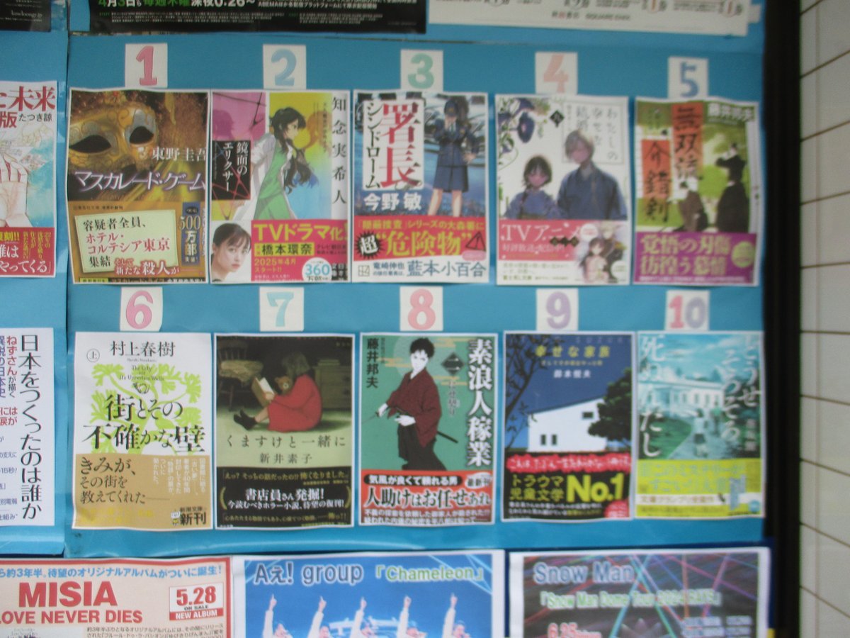 ユートピア野間店
文庫部門ベスト10
[5/9～5/15]
今週の１位は「マスカレード・ゲーム」でした。解決の糸口すらつかめない3つの殺人事件。
共通点はその殺害方法と、被害者はみな過去に人を死なせた者であることだった。
