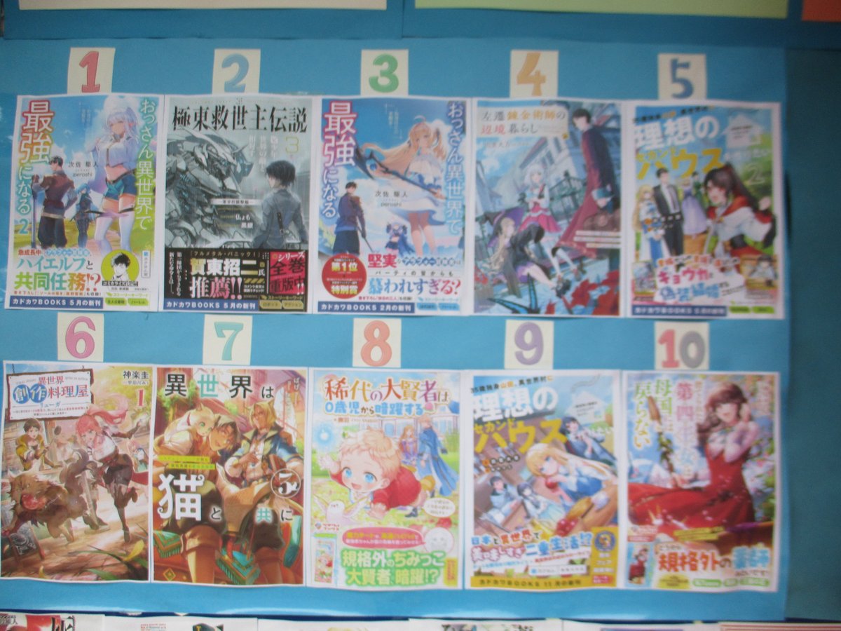 ユートピア野間店
ライトノベル部門ベスト10
[5/9～5/16]
今週の1位は「おっさん異世界で最強になる②」でした。疫病に悩まされるエルフの里からの護衛依頼でハイエルフのスフェーニアと共に薬師を送ることに。しかし異形のアンデッドに不審な冒険者、疫病騒ぎの裏には邪法の気配!?