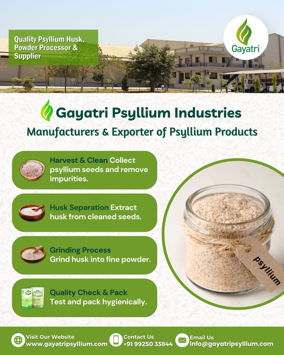 gayatripsyllium's tweet image. ⭐From Seed to Powder – The Natural Way with #GayatriPsyllium

#PsylliumHuskPowder is 100% plant-based and supports #digestivehealth when processed with #care.

🔗gayatripsyllium.com

#Psyllium #PsylliumProducts #PsylliumSeeds #PsylliumPowder #Isabgol #EagleSatIsabgol #Export