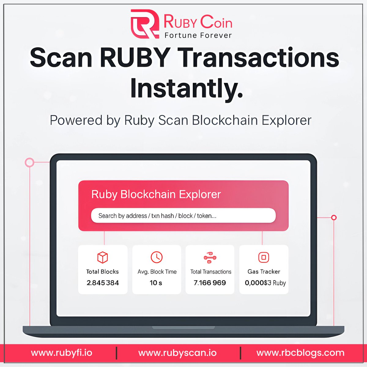 rubywebcast's tweet image. Want to verify your transaction on the Ruby Blockchain?
to search wallet, or txn ID in seconds.Use RubyScan.io
📷 Fast
📷 Transparent
📷 Reliable
📷 Explore the Ruby Scan: rubyscan.io
#RubyScan #BlockchainExplorer #RubyBlockchain #Rubycoin