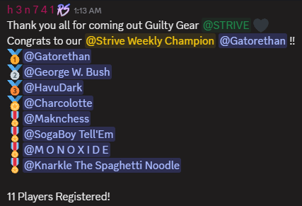 Thank you all for coming out for the weekly!
Congrats to our Guilty Gear -Strive- Champion <a href="/Gatorethan1/">gatorethan</a> ~~!!
🥈George W. Bush
🥉<a href="/HavuDark/">HavuDark</a>
🎖️Charcolotte <a href="/James24273504/">Charcolotte</a>