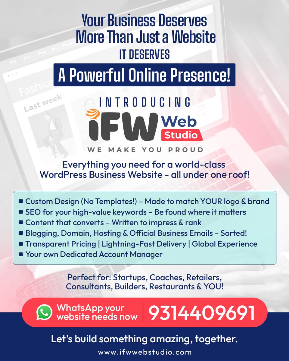 IFWWebStudio's tweet image. 🎯 At IFW Web Studio, we build websites that don’t just look good — they work hard for your business.

📞 Ready to attract and impress your target audience?

👉 DM us or WhatsApp us Now! 9314409691

#WebsiteDesign #WordPressWebsite #BusinessGrowth #IFWWebStudio #DigitalPresence