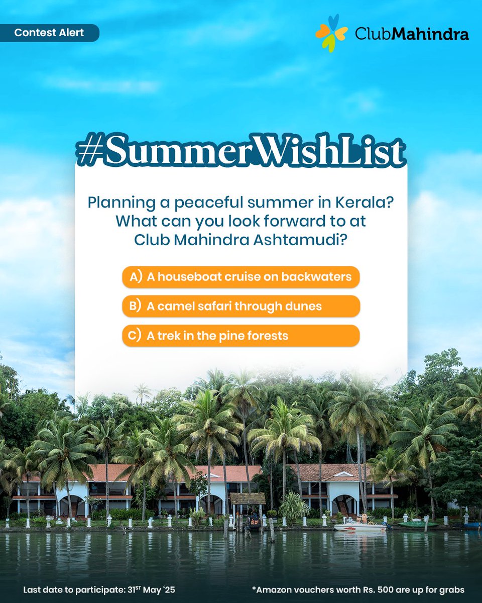 Club Mahindra (@clubmahindra) on Twitter photo #ContestAlert 1 of 15
Participate in all #SummerWishList
STEPS
1) Comment below with your answer using #SummerWishList and #ClubMahindra.
Don’t forget to tag <a href="/clubmahindra/">Club Mahindra</a> and four of your friends – it’s mandatory!
2) Participate in all 15 contest posts. Winners get Amazon #ContestAlert 1 of 15
Participate in all #SummerWishList
STEPS
1) Comment below with your answer using #SummerWishList and #ClubMahindra.
Don’t forget to tag <a href="/clubmahindra/">Club Mahindra</a> and four of your friends – it’s mandatory!
2) Participate in all 15 contest posts. Winners get Amazon