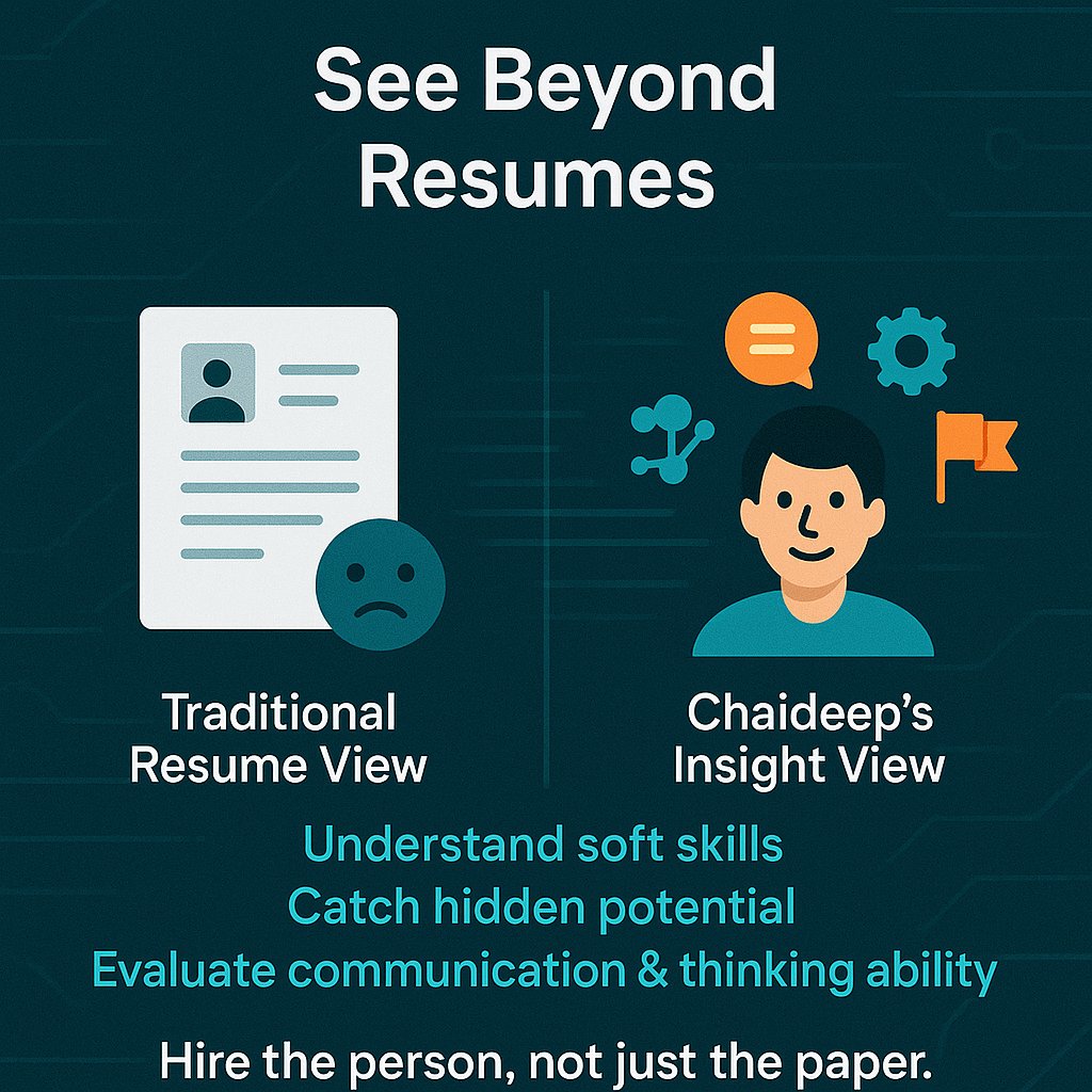 chaideepai's tweet photo. "Resumes are just the beginning.
Chaideep reveals what lies beyond—skills, potential, and communication abilities.

Hire smarter with Chaideep.

#AIRecruitment #SmartHiring #BeyondResumes #TechForHR" https://t.co/fXwz6TSt81