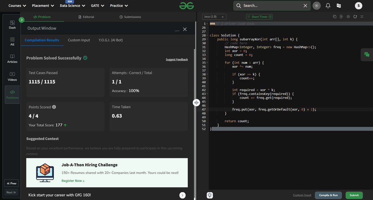 sapfire955's tweet image. 📜 Day 50 of #gfg160
Solved Count Subarrays with given XOR ✖️➕
Used prefix XOR + HashMap for fast O(n) ⚡
Tracked XOR pairs to find subarrays in real-time 🧠
Clean Java code with edge cases handled 🔍
Thanks! @geeksforgeeks 🙌
#JavaMode #geekstreak2025 #bitmagic