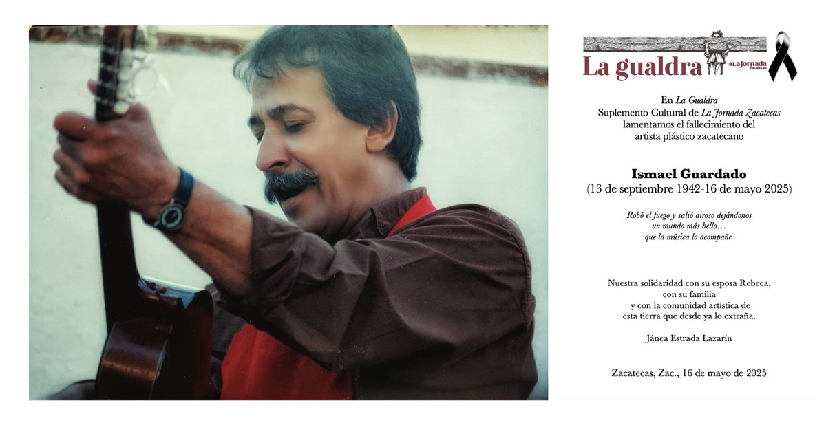 Ismael Guardado falleció este 16 de mayo en Guadalajara. Nació en Ojocaliente, Zacatecas, el 13 de septiembre de 1942, fue pintor, grabador, dibujante, escultor y músico. Se ha ido uno de nuestros artistas plásticos más grandes.

#Zacatecas 
#IsmaelGuardado
#QDEP
