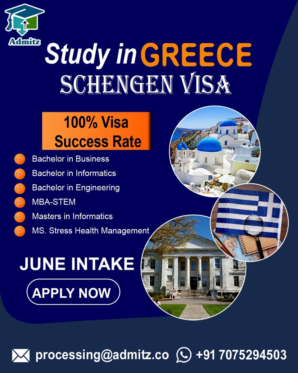 admitz_overseas's tweet image. 🎓 Dreaming of studying in Europe?
Get your Schengen Visa and study in Greece with a 💯 visa success rate!
📅 June Intake Open – Apply Now!
📩 processing@admitz.co | 📞 +91 7075294503
#StudyInGreece #SchengenVisa #JuneIntake #StudyAbroad #Admitz #EuropeanEducation #ApplyNow