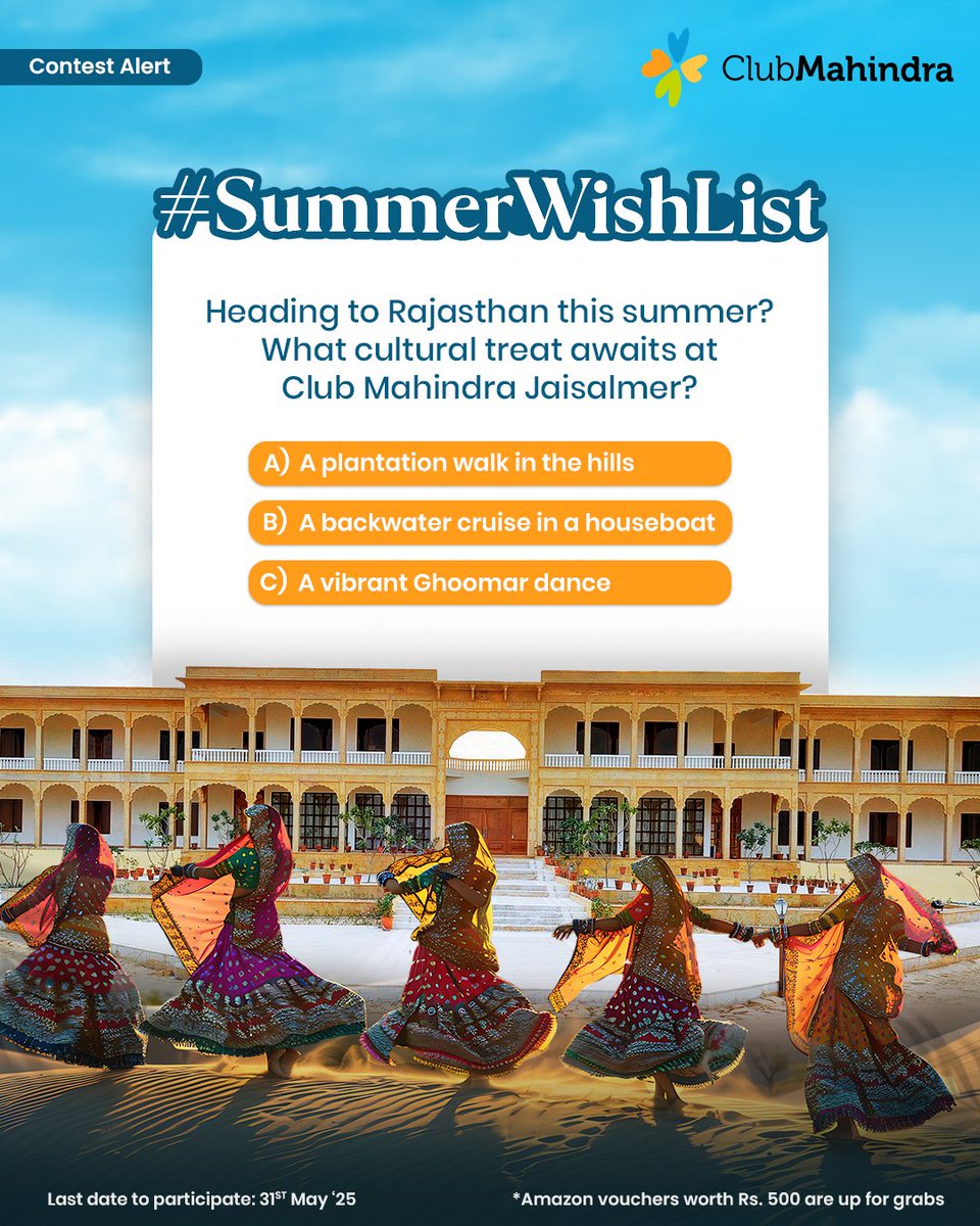 Club Mahindra (@clubmahindra) on Twitter photo #ContestAlert 2 of 15
Participate in all #SummerWishList
STEPS
1) Comment below with your answer using #SummerWishList and #ClubMahindra.
Don’t forget to tag <a href="/clubmahindra/">Club Mahindra</a> and four of your friends – it’s mandatory!
2) Participate in all 15 contest posts. Winners get Amazon #ContestAlert 2 of 15
Participate in all #SummerWishList
STEPS
1) Comment below with your answer using #SummerWishList and #ClubMahindra.
Don’t forget to tag <a href="/clubmahindra/">Club Mahindra</a> and four of your friends – it’s mandatory!
2) Participate in all 15 contest posts. Winners get Amazon