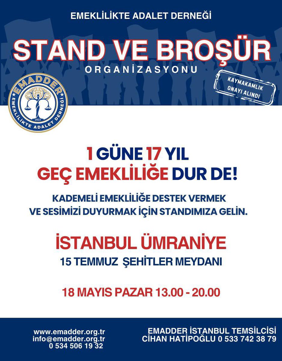 STAND VE BROŞÜR ETKİNLİĞİNE DAVET
            🔊 🔊 🔊 🔊

Emeklilikte Adalet Derneği <a href="/EmadDernegi/">EMEKLİLİKTE ADALET DERNEĞİ ⚖️</a> olarak, “1 Güne 17 Yıl – Geç Emekliliğe Dur De!” sloganıyla düzenlediğimiz stand ve broşür etkinliğine sizleri davet ediyoruz.

Amacımız, kademeli emeklilik sistemine dikkat çekmek