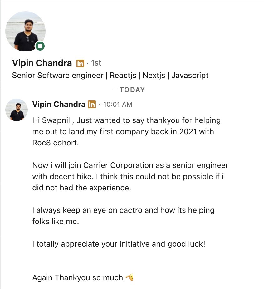 SwapAgarwal's tweet image. Anytime I remotely think about ki kuch aur karte hain life mein, messages like these pop up out of nowhere and remind me of how hard it is for most people to get their foot in the door.

Getting someone into tech has compounding effects for everyone around them. #CactroChronicles