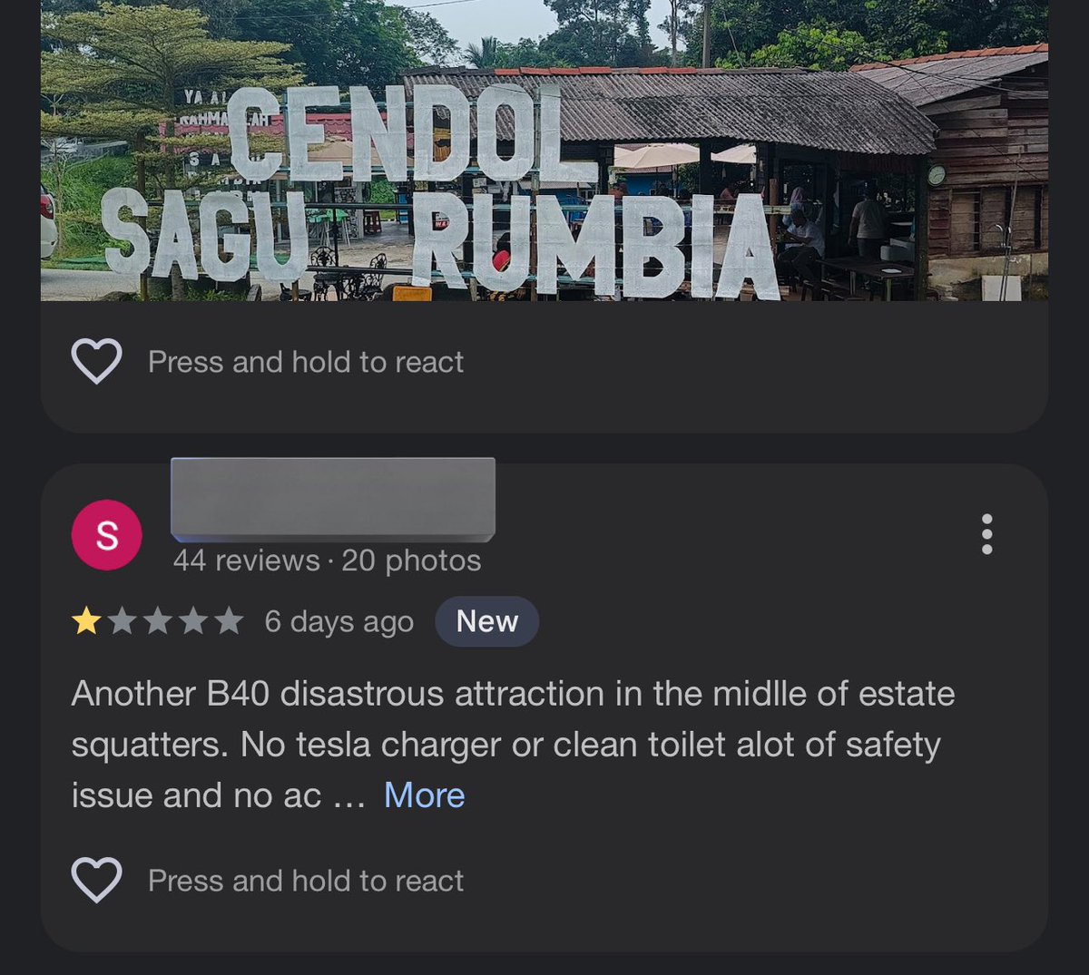Harini aku p ride makan cendol dengan wife, rasa best sebab feeling suasana kampung yang tenang dikala panaih terik, makanan ada macam2 and syok gak lepak. Kitorang nak bagi review and came across this guy bagi review macam ongile, takde tesla charger bana dia kedai kampung kot.