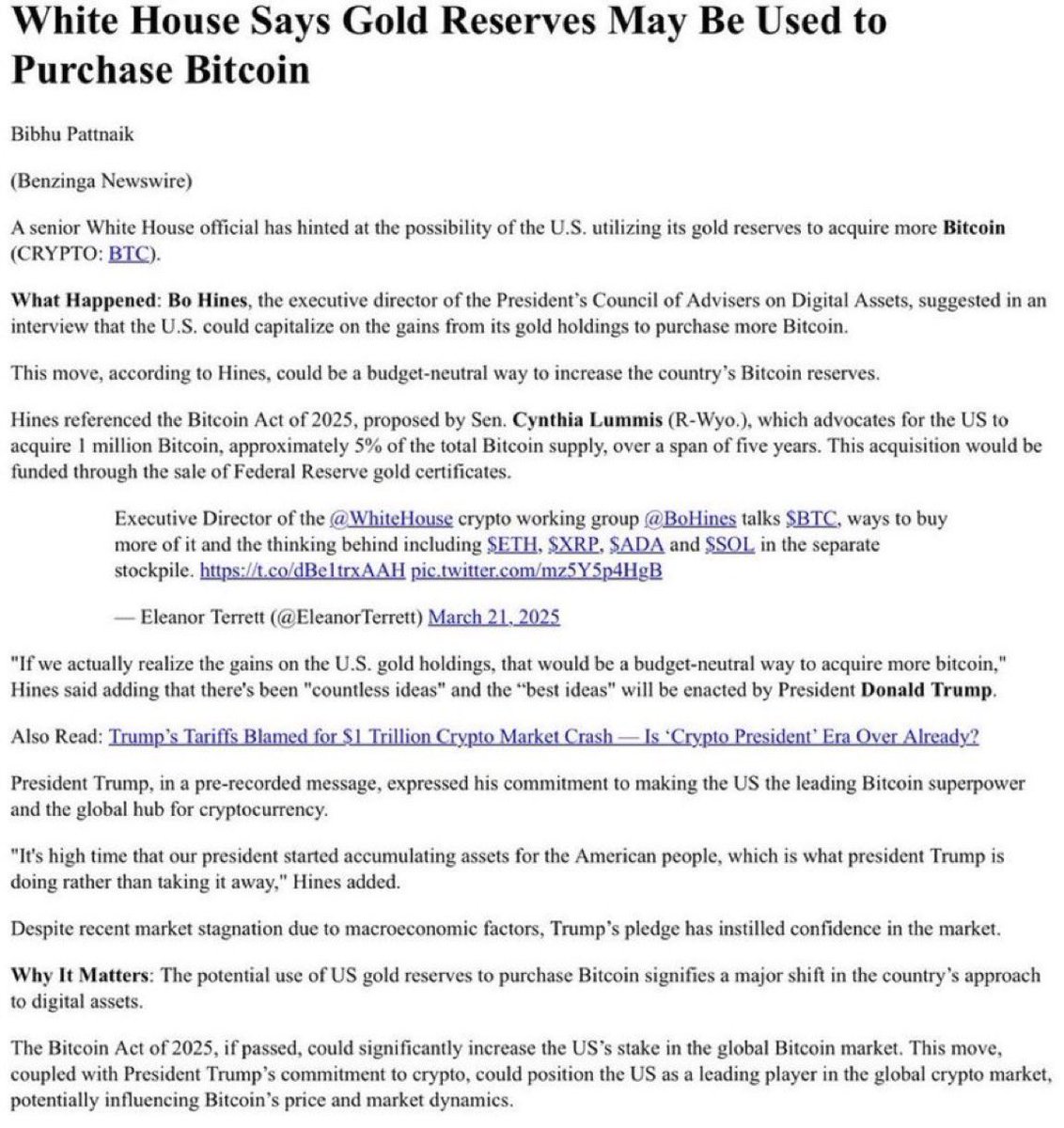 cryptorover's tweet photo. 🇺🇸 U.S. WHITE HOUSE SAYS GOLD RESERVES MAY BE USED TO PURCHASE BITCOIN 

YOU'RE NOT BULLISH ENOUGH! https://t.co/OWpF5HrpTu