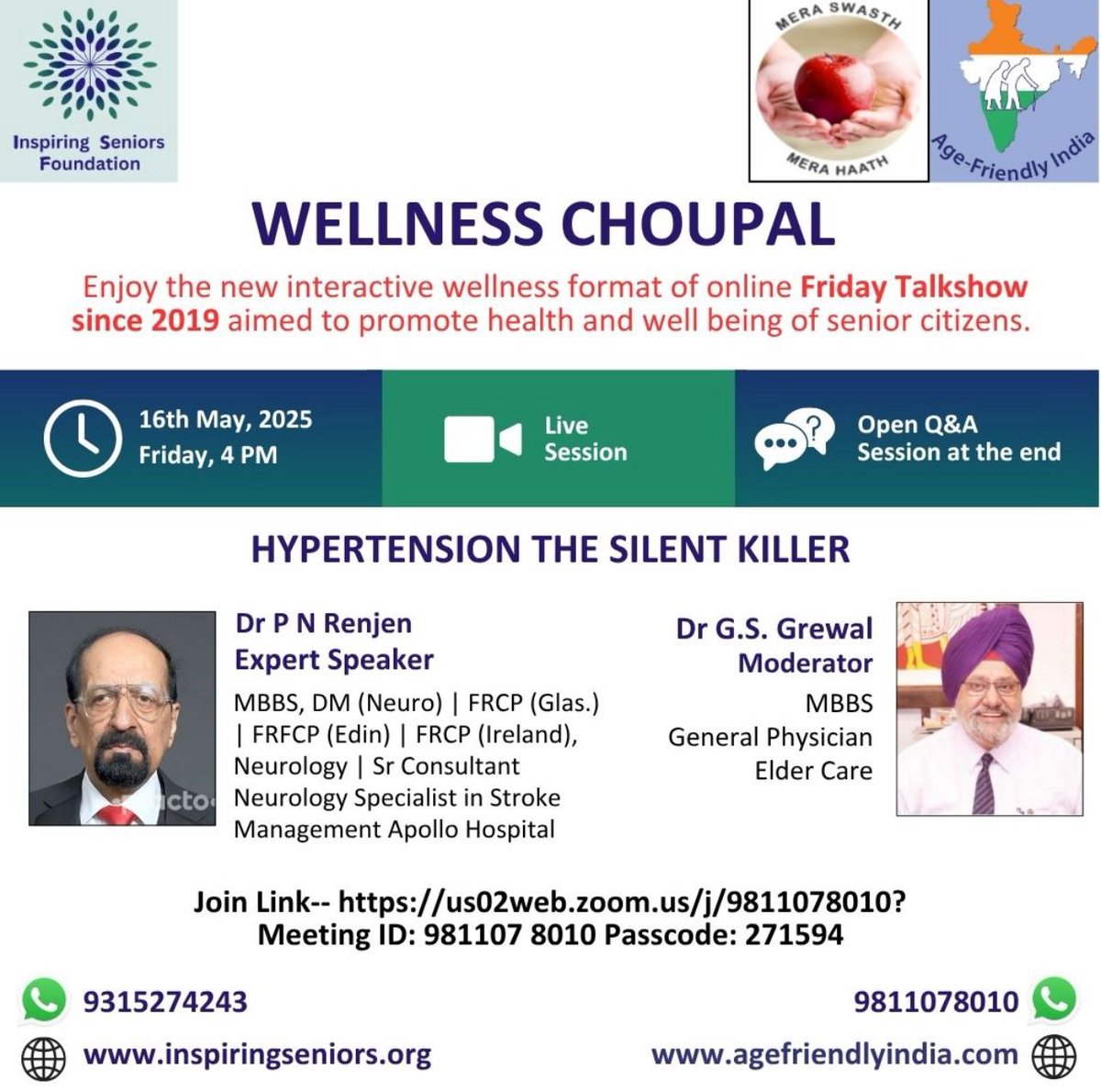 DrPNRenjen's tweet image. Join us for our upcoming Wellness Choupal, where we'll delve into the crucial topic of hypertension, often dubbed "the silent killer." 
@ApolloInter

🗓 Date: 16th May 2025 
🕓 Time: 4 PM 
📍 Open Q&amp;amp;A session at the end

 #QandASession