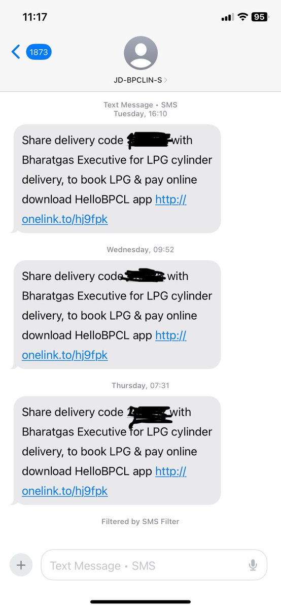 rohitbinnani's tweet photo. Dear @BPCLimited ,

You Bharat Gas Agency in Yelahanka is so poorly operating.
It’s been 10 days now that I booked my cylinder and it’s not delivered.
I only see daily OTPs coming but no delivery.
I also raised complain but no revert.
Check date of the OTPs received in screenshot https://t.co/WpswDyxos5