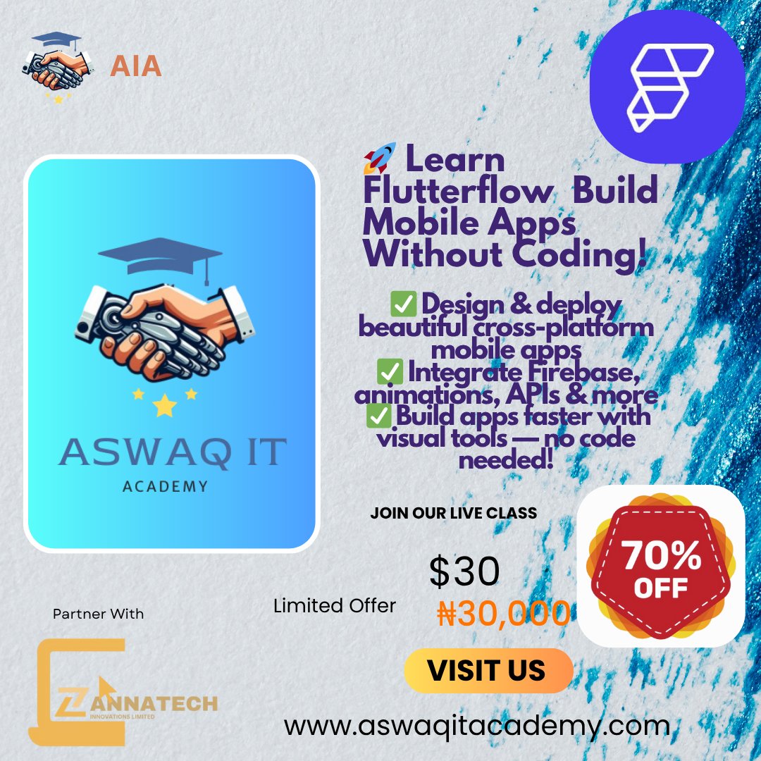 Aswaqitacademy's tweet image. 🟣 Flutterflow
Design &amp;amp; deploy stunning apps fast with #flutterflowtips  🚀📱
No code. Just creativity.
🎓 Learn it at AIA Academy.
#MobileDev #NoCodeApps #Fluttercord