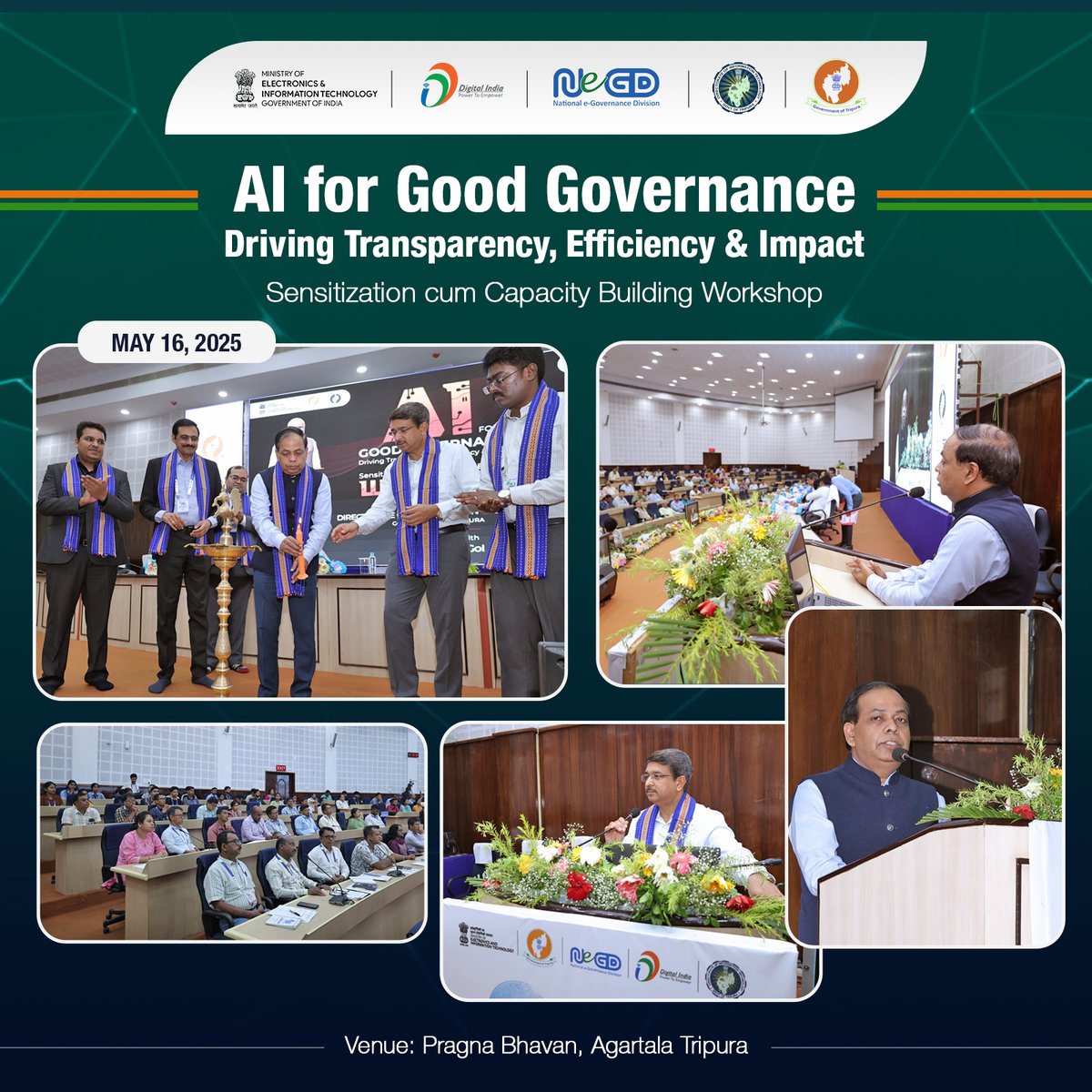 _DigitalIndia's tweet photo. AI for Good Governance Workshop was held on 16th May ’25 at Agartala
Organized by @NeGD_GoI & @ITTripura 
Inaugurated by:
👤 Shri Jitendra Kumar Sinha, IAS – Chief Secretary, Tripura
👤 Shri Kiran Gitte, IAS – Secretary, IT, Tripura
👤 Shri Jeya Ragul Geshan B., IFS – Director, IT, Tripura
#AI4TripuraGovernance #DigitalIndia