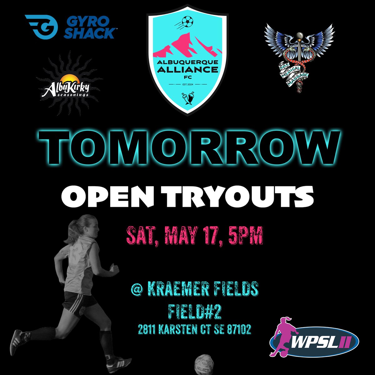 abqalliancefc's tweet photo. Players! 📣⚽️

ABQ Alliance FC Open Tryouts TOMORROW May 17, 5PM. 

#nmsoccer #abqsoccer #womenssoccer #girlssoccer #wpsl #wpslD2 #wpslnm #nmathletes #femaleathletes #collegesoccer #albuquerque #newmexico #tryouts #letsgoalliance #vamosalianaza https://t.co/Y2HCdUSWpv