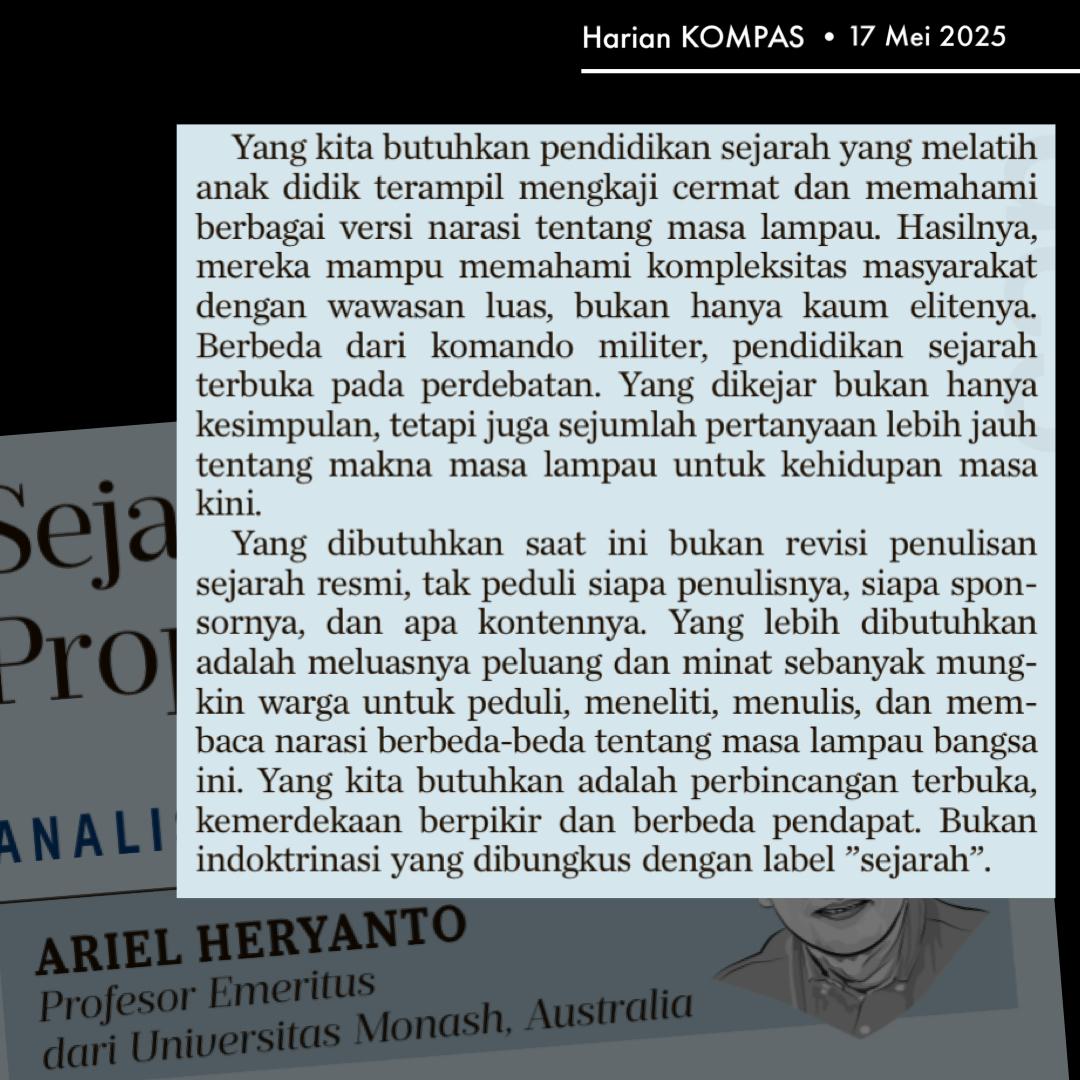Pemerintah memulai penulisan Sejarah Indonesia.Sejarawan dilibatkan:
-Adakah jaminan nir-intervensi bagi mreka?
-Mampukah mreka mnghindar dari arus/narasi propaganda penguasa?
-Bukankah penulisan sejarah ini adlh proyeknya para politikus dlm pmerintahan kini?