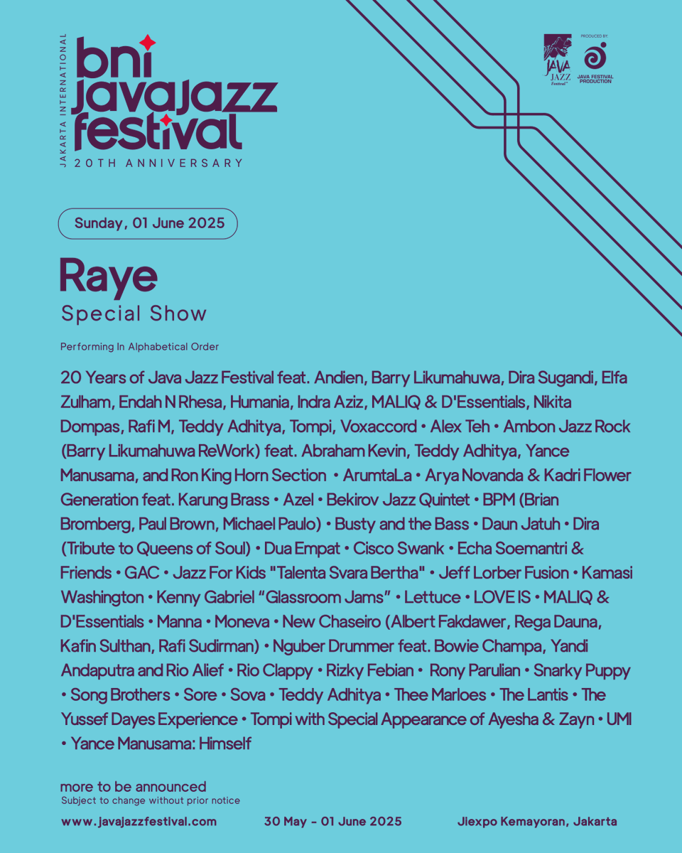 Just in: New names have arrived for BNI Java Jazz Festival 2025!
Check out the full updated lineup on our website and grab your tickets now: tickets.javajazzfestival.com/2025

Reply with who are you most excited to see? 🔥

#BNIJJF2025 #JavaJazzFest #JJF2025 #20yearsjavajazzfestival