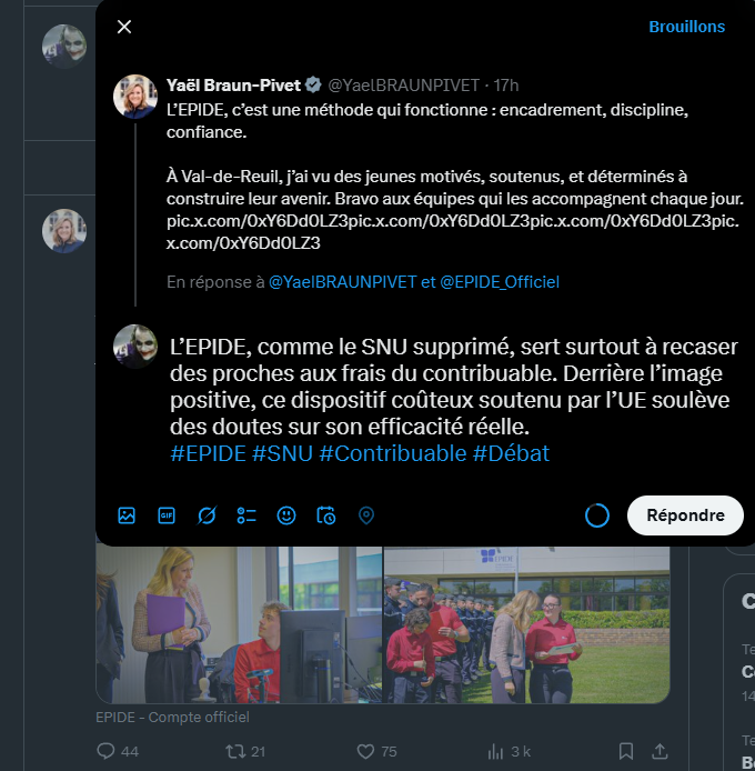 The_Aprontie's tweet photo. @YaelBRAUNPIVET @EPIDE_Officiel L’EPIDE, comme le SNU supprimé, sert surtout à recaser des proches aux frais du contribuable. Derrière l’image positive, ce dispositif coûteux soutenu par l’UE soulève des doutes sur son efficacité réelle.
#EPIDE #SNU #Contribuable #Débat https://t.co/z1hDjL7PPG