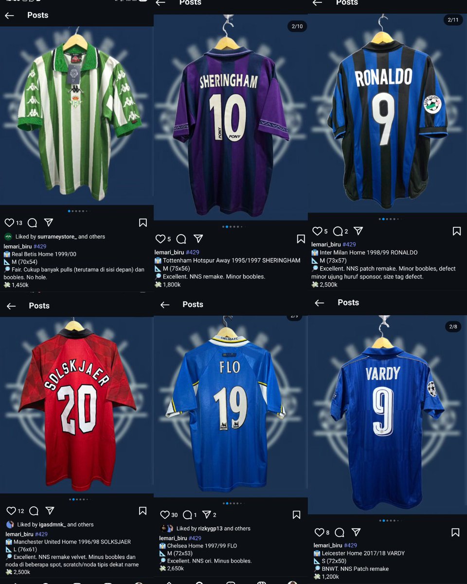 #426 <a href="/Jerseyforum/">Si Paling Jersey</a> NEW DROPS!
1. Real Betis H 1999/00
2. Tottenham A 1995/1997
3. Inter H 1998/99 
4. Manchester United H 1996/98
5. Chelsea H 1997/99
6. Leicester H 2017/18 

Detail di gambar yak atau meluncur ke:

📷 IG instagram.com/lemari_biru
☎️  WA +6281110067132
#jersey4sale