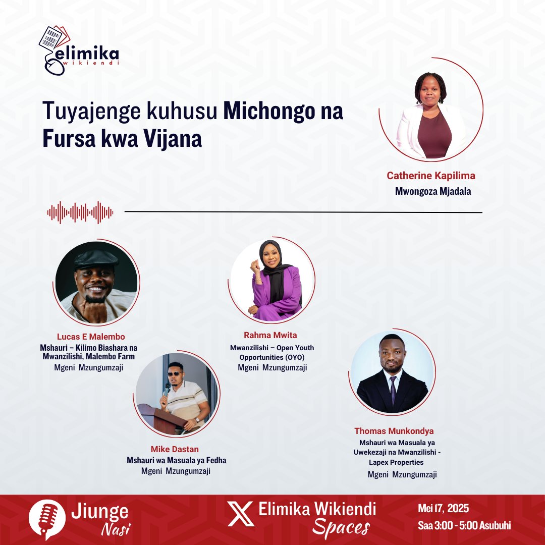 ElimikaWikiendi's tweet photo. Karibuni kwenye #ElimikaWikiendi Spaces kuanzia muda hadi hapo saa 5:00 Asubuhi.

Mada kuu: Michongo na Fursa kwa Vijana.
Shiriki nasi: https://t.co/pRRPWkOLDq https://t.co/oxv6EH1iit