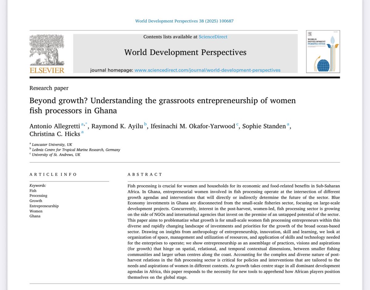 New research alert! 📝 Our paper explores growth trajectories of women fish processors in Ghana, revealing how they move from subsistence to business expansion through innovative practices and training. doi.org/10.1016/j.wdp.… 

 #Ghana #FishProcessing