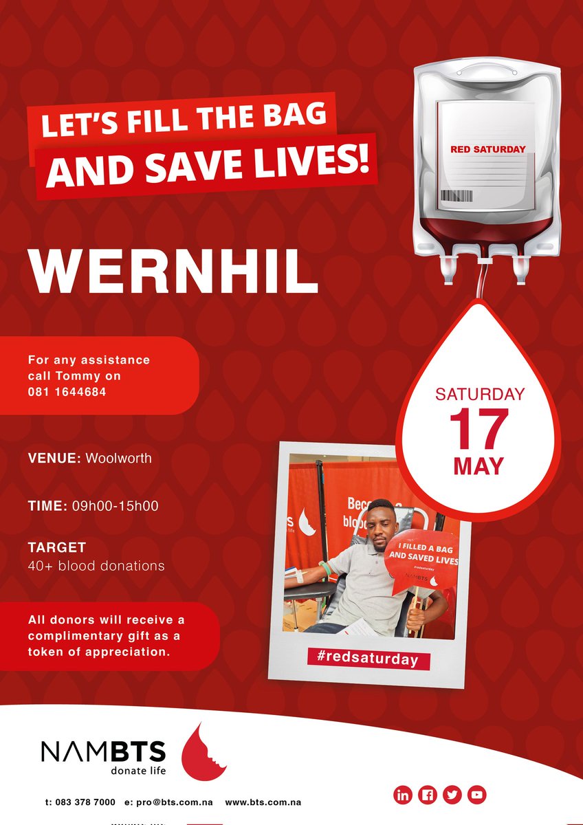NamBTService's tweet photo. Walvis Bay , Oshakati, Wernhill, and Grove Mall .... let's go save lives! With the long holiday coming, Nambts is currently on low blood supply. Please donate blood if you are able to at your closest blood clinic! https://t.co/5FbbvUDidx