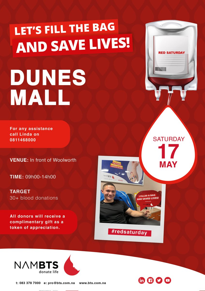 NamBTService's tweet photo. Walvis Bay , Oshakati, Wernhill, and Grove Mall .... let's go save lives! With the long holiday coming, Nambts is currently on low blood supply. Please donate blood if you are able to at your closest blood clinic! https://t.co/5FbbvUDidx