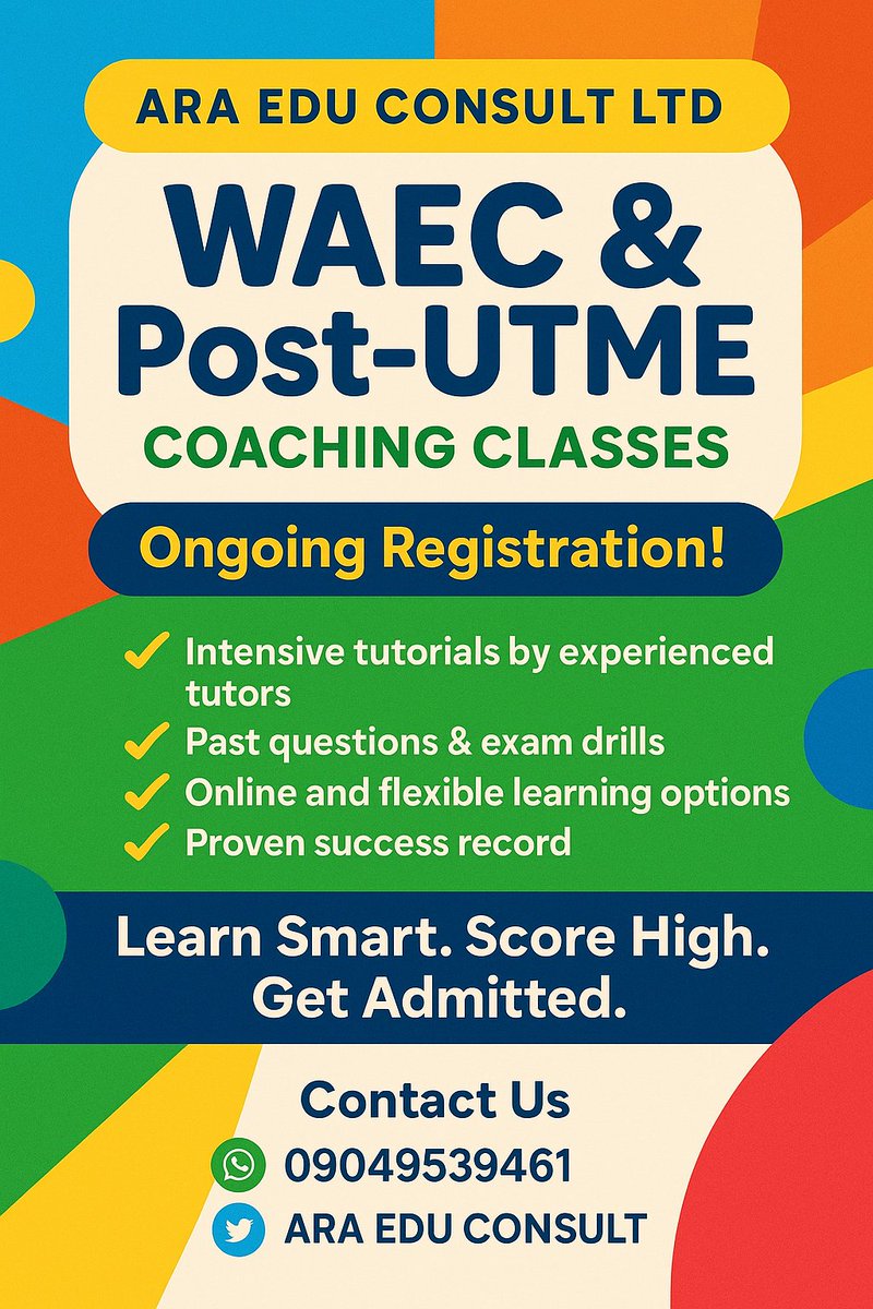 BigARA5's tweet photo. Ace your exams with ARA EDU CONSULT LTD!
We offer expert online prep classes for WAEC and Post UTME to help you succeed with confidence.
Start your journey to success today!
Contact us now: 09049539461
#ARAEDU #WAECPrep #PostUTME #ExamSuccess #StudySmart https://t.co/h7mp1I783V