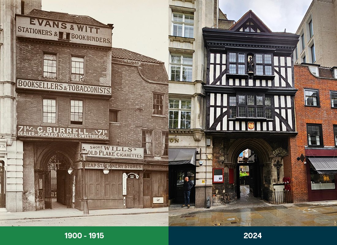 HistoricEngland's tweet photo. Unusually, St Bartholomew's gatehouse in London looks older today than it did in a photograph from the early 1900s. 👀

Its Tudor frontage (right) was hidden (left) until a bomb from a German Zeppelin raid in 1917 uncovered its original timber. It was then fully restored in 1932. https://t.co/jI5hqqlXOI