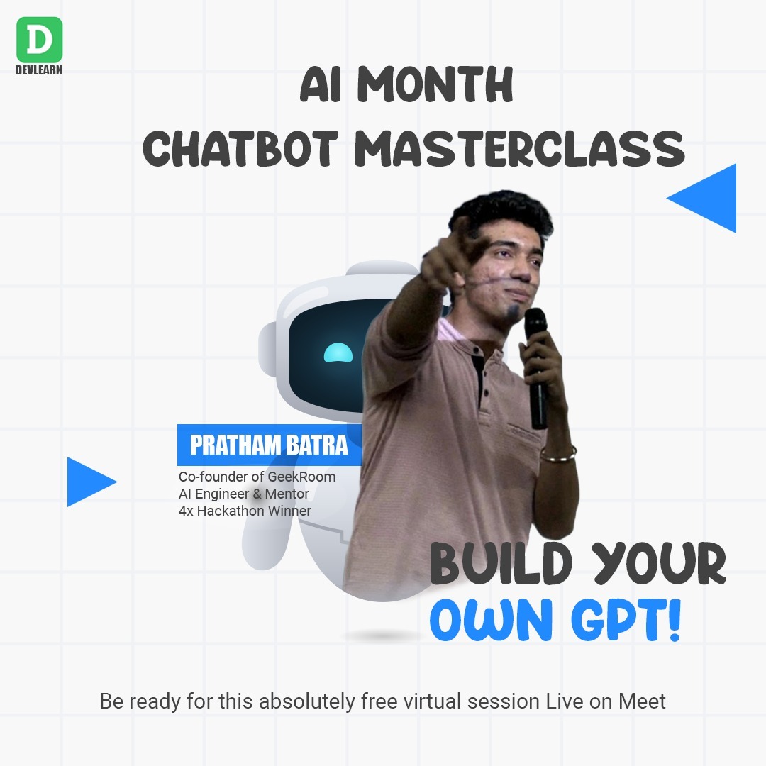 devlearn_com's tweet image. 💥Want to build your own GPT-style chatbot?

Join the AI Month Chatbot Masterclass this Saturday at 7pm, FREE &amp;amp; LIVE on Meet!

With Pratham Batra, Co-founder of @GeekRoom ,AI Enginner &amp;amp; 4x Hackathon Winner

🔗 Register: forms.gle/2k9pv4p9jjBd3z…

#AI #Chatbots #GPT
