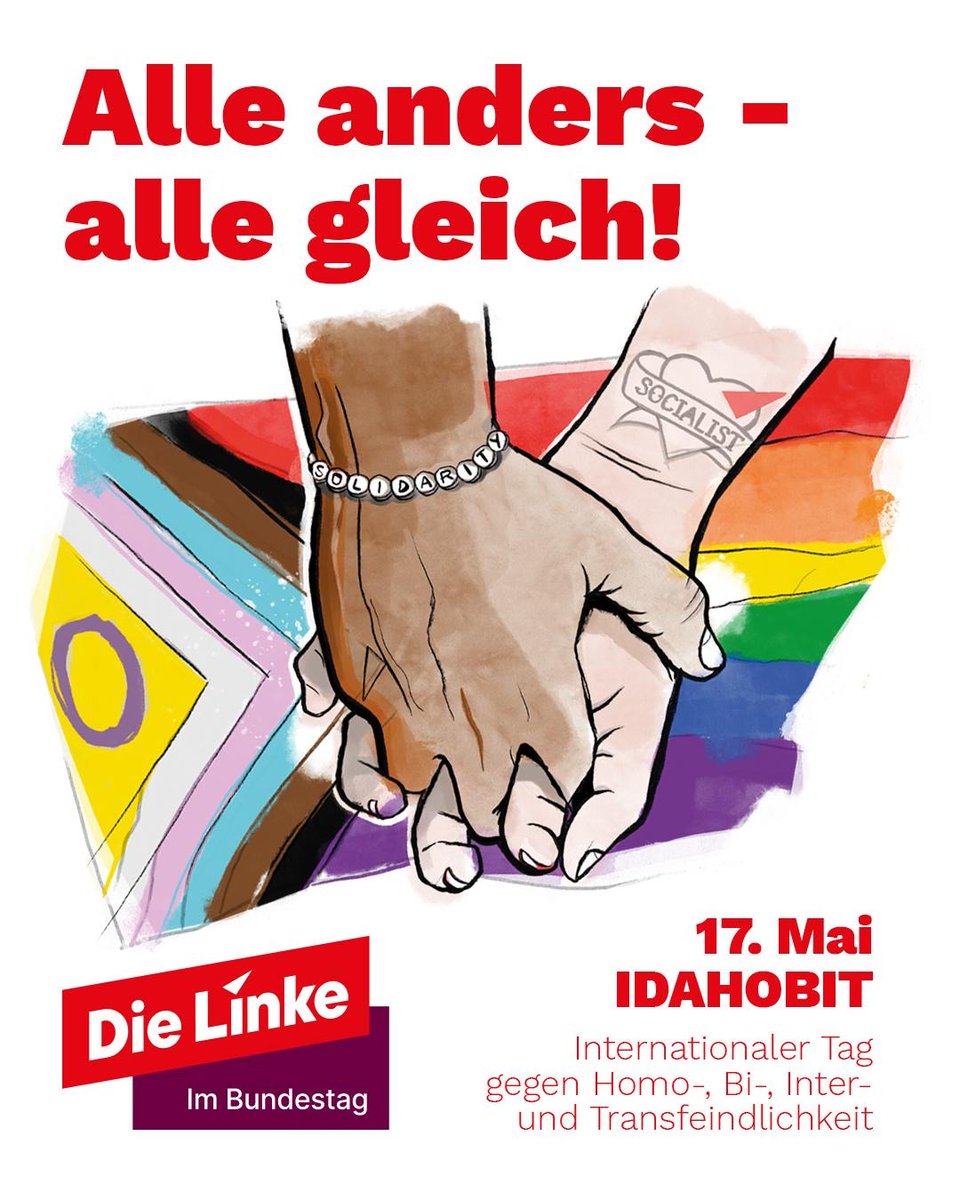 dielinkebt's tweet photo. Heute ist der Internationale Tag gegen Homo-, Bi-, Inter- und Transfeindlichkeit – und leider ist er nötiger denn je.

Der Rechtsruck der letzten Jahre hat zu mehr Angriffen auf queere Menschen geführt – dabei sind Diskriminierung und Ausgrenzung ohnehin Alltag für viele.

Für uns Linke ist klar: Alle Menschen verdienen gleiche Rechte und Respekt – egal, wen sie lieben oder wie sie leben.

Es ist beschämend, dass das überhaupt noch zur Debatte steht.

Bleibt sichtbar, bleibt laut – wir stehen an eurer Seite!

#IDAHOBIT