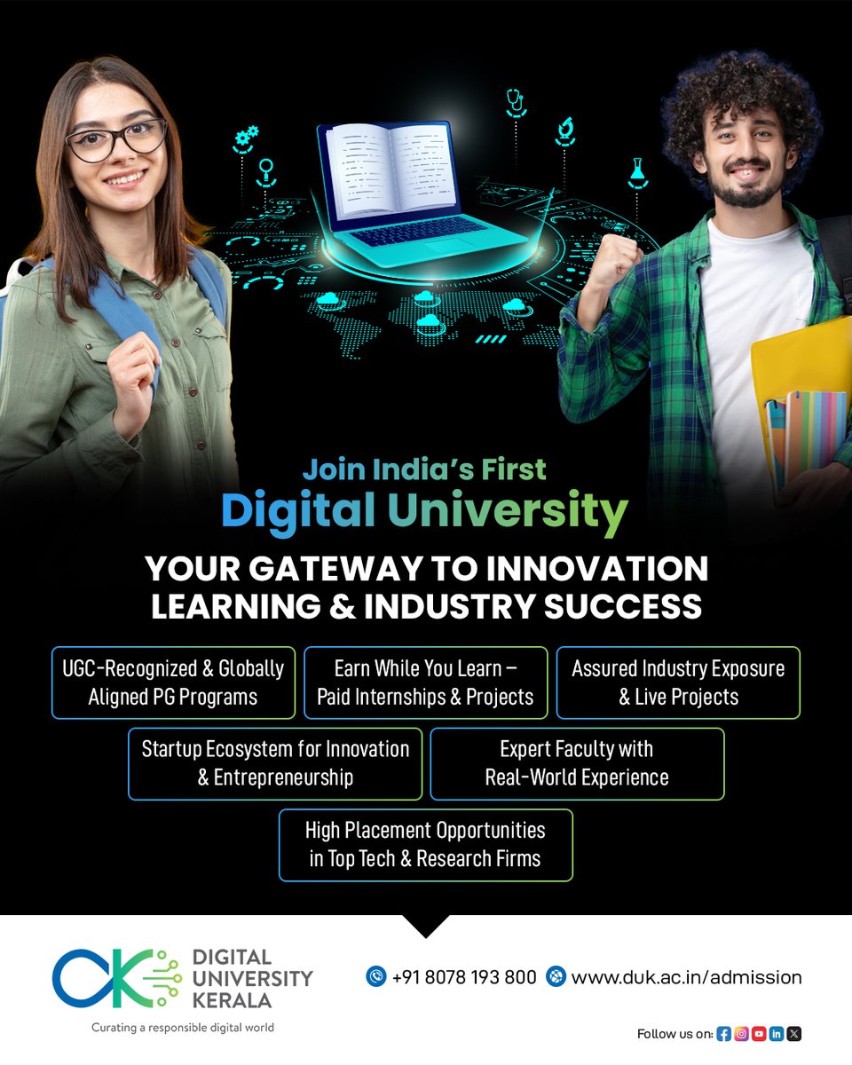 dukerala's tweet image. 🎓 Digital University Kerala: India’s first government-established digital university offering cutting-edge PG &amp;amp; PhD programs.Admissions 2025–26 now open!
Join the future of education - apply today duk.ac.in/admission 
#digitaluniversitykerala #mscprograms #mtechprograms #phd