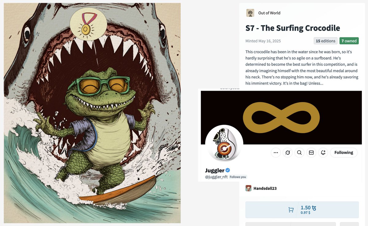 💜🎉 SOLD!! 🎉💜 
A warm thank you to <a href="/juggler_nft/">Juggler</a> for collecting an edition of The Surfing Crocodile!! 🙏🥳 
You’re amazing dear friend! Thank you very much for always supporting my work!! 🙏😍

THE SURFING CROCODILE
7 / 15 ed. left —&gt; 1.5 xtz
objkt.com/tokens/KT1XVbW…

✨Follow