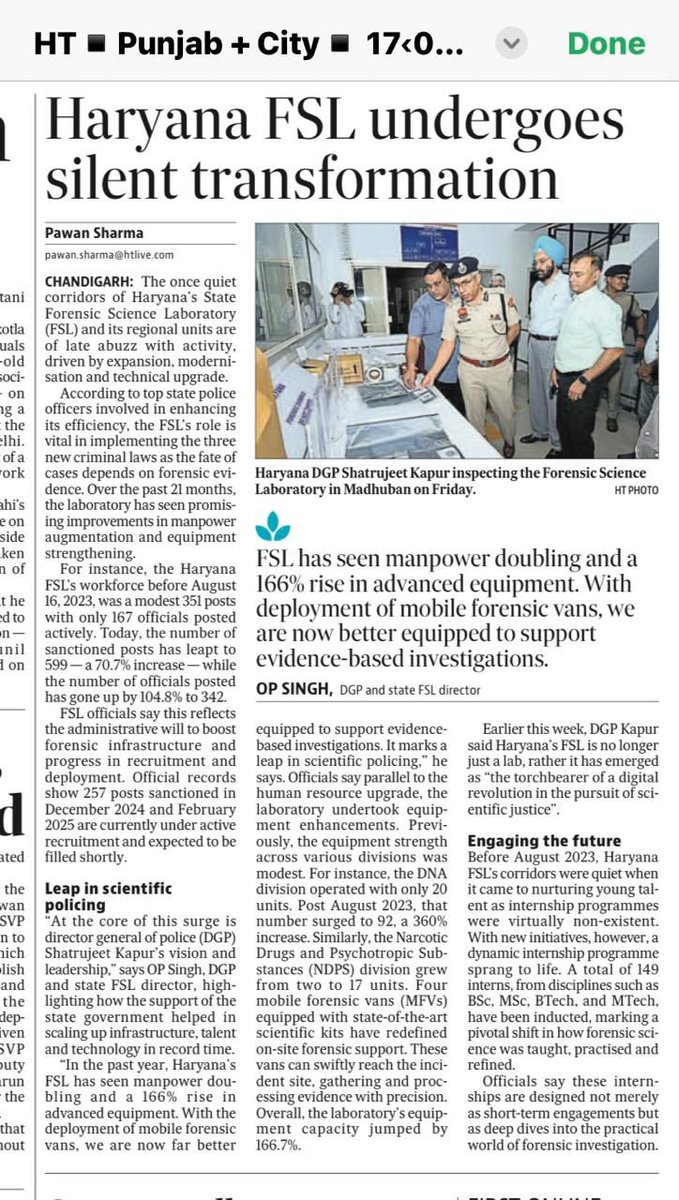 Silent but significant 🔬✨
Haryana’s FSL is scripting a quiet revolution in forensic science.
From doubling manpower to deploying mobile forensic vans 🚐 and a 166% surge in advanced equipment ⚙️ — the lab is now a cornerstone of evidence-based policing.
Read how Haryana is