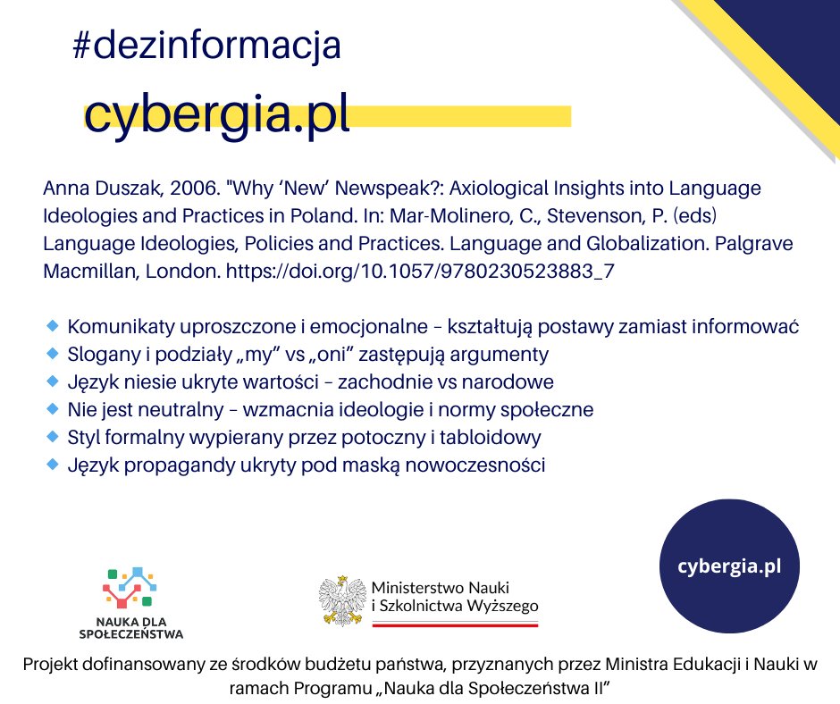 Czy język jeszcze informuje, czy już kształtuje postawy? Przeczytaj o „nowej nowomowie” w artykule prof. Anny Duszak: doi.org/10.1057/978023… <a href="/MNiSW_GOV__PL/">Ministerstwo Nauki i Szkolnictwa Wyższego</a>
