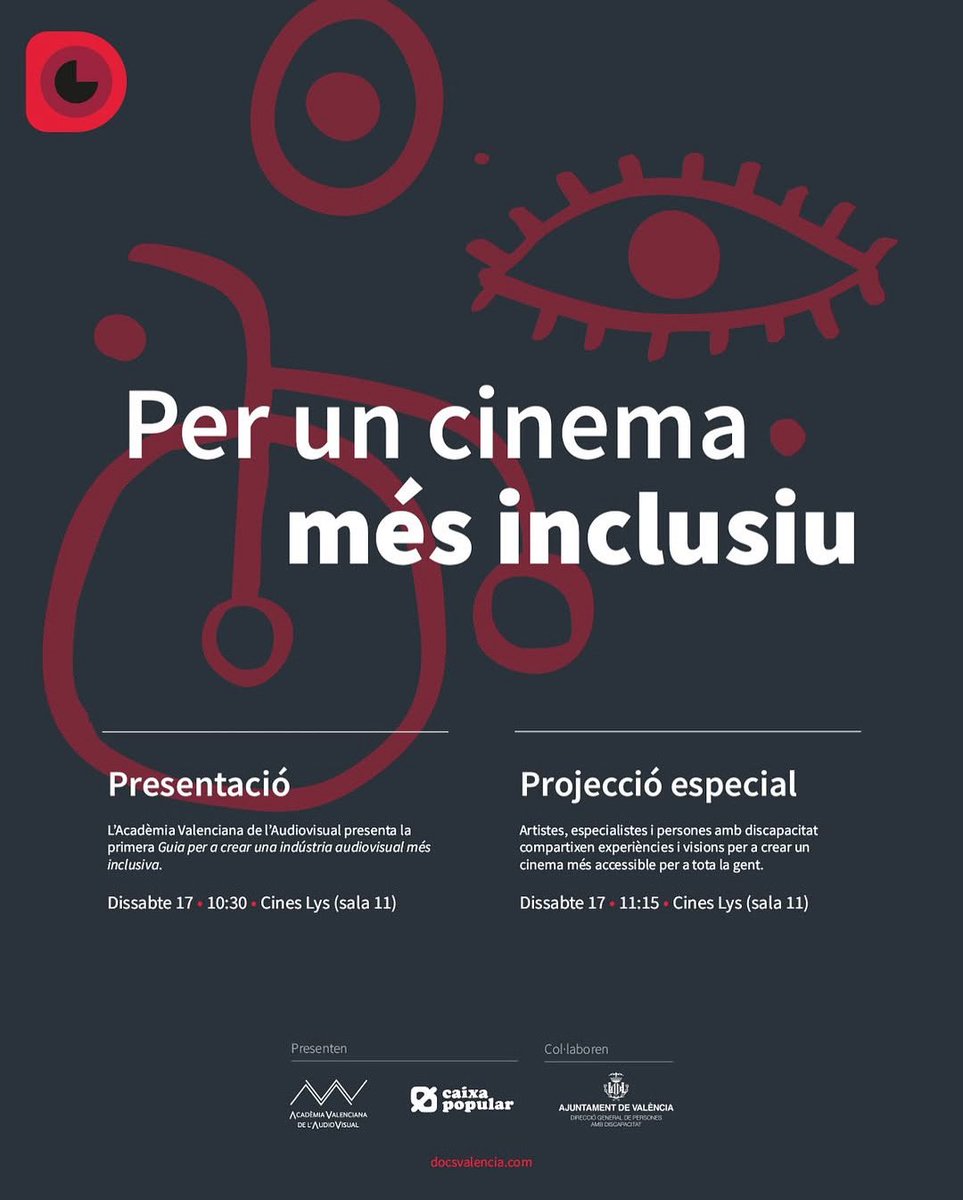 DocsValencia (@docsvalencia) on Twitter photo 🔴 Hoy a las 10:30 h, presentamos la primera Guía para crear una industria audiovisual más inclusiva de la <a href="/avav_valencia/">Acadèmia Valenciana Audiovisual</a>.
A continuación, proyección especial con artistas y profesionales que defienden un cine más accesible para todas las personas.
Cines Lys, sala 11 🔴 Hoy a las 10:30 h, presentamos la primera Guía para crear una industria audiovisual más inclusiva de la <a href="/avav_valencia/">Acadèmia Valenciana Audiovisual</a>.
A continuación, proyección especial con artistas y profesionales que defienden un cine más accesible para todas las personas.
Cines Lys, sala 11