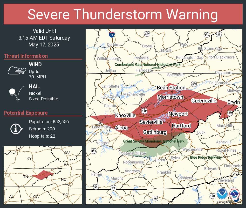 NWSSevereTstorm's tweet photo. Severe Thunderstorm Warning including Knoxville TN, Oak Ridge TN and  Morristown TN until 3:15 AM EDT. This storm will contain wind gusts to 70 MPH! https://t.co/ssUKtw3axF