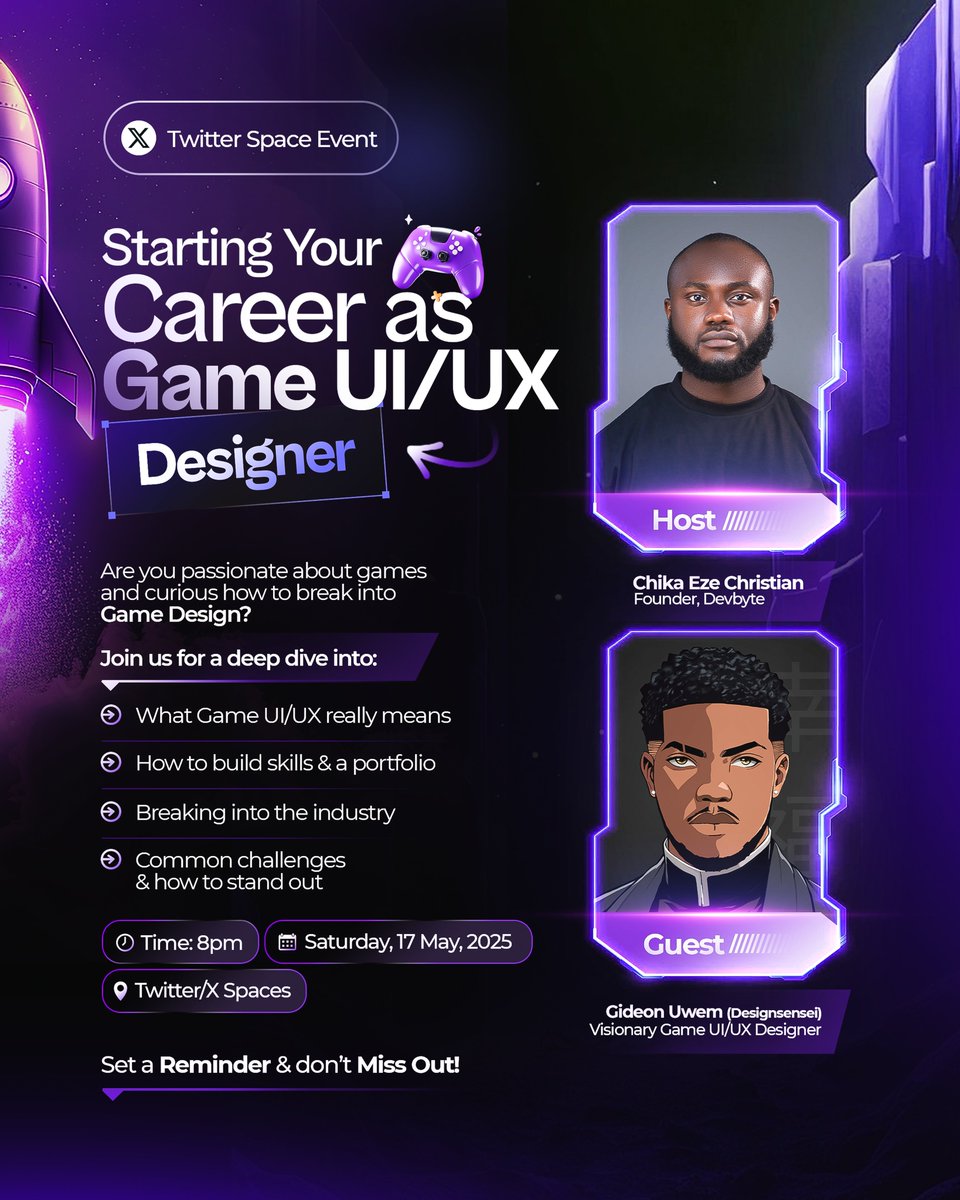 chriscodehead's tweet image. 🎮 Upcoming DevByte Space! 🎨

🧩 Starting Your Career As a Game UI/UX Designer
🎙 Speaker: Gideon Uwem — Visionary Game UI/UX Designer
📍 Twitter Space: x.com/i/spaces/1OdKr…