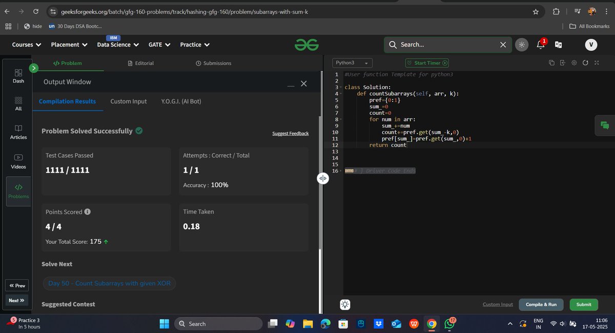 VenkataSarma13's tweet image. Day 49 of @geeksforgeeks
160
Solved "Subarrays with Sum K" by leveraging hash maps to dynamically track cumulative sums and efficiently count valid subarrays in O(N) time. Debugged and optimized code for seamless execution!
#geekstreak2025 #DSA #subarrays #geeksforgeeks